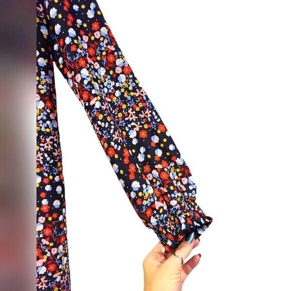 Nanette Lepore Blue Red Yellow Floral Ruffle Smocked Mock-Neck Shift Dress | 10 - Picture 5 of 12